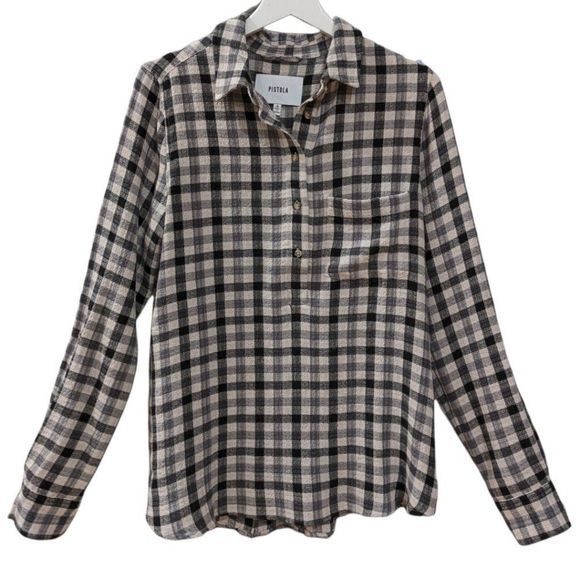 Pistola Women's Cream and Black Plaid Long Sleeve Button Down Shirt size S - Picture 1 of 9